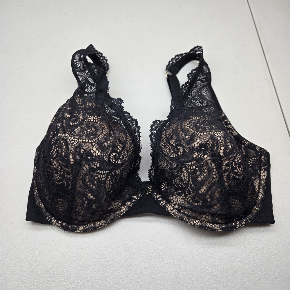 Thirdlove Women Bra 32F Black Outer Beige Lining Floral Balconette
